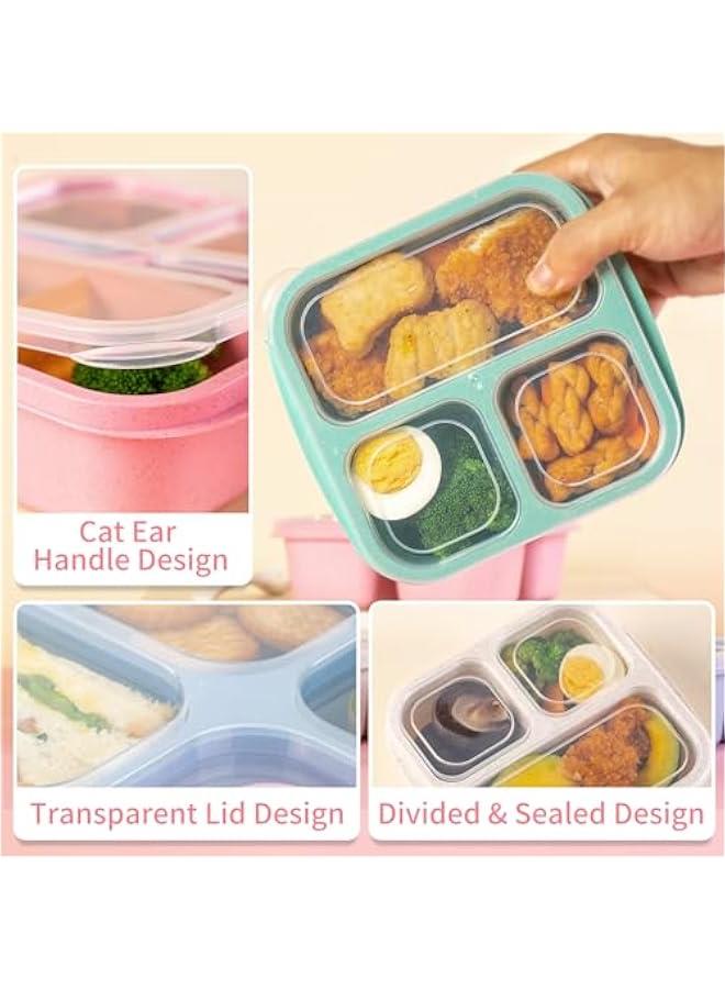 4 Pack Snack Containers, Bento Snack Box with 3 Compartment, Wheat Straw Reusable Lunch Containers for Adults Divided Food Storage Containers for Work Travel