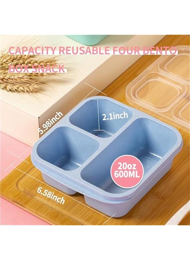 4 Pack Snack Containers, Bento Snack Box with 3 Compartment, Wheat Straw Reusable Lunch Containers for Adults Divided Food Storage Containers for Work Travel