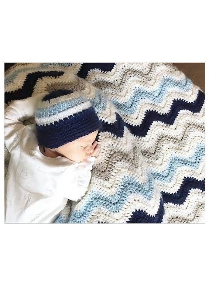 Ocean Waves Blue And White Colour Customised Crochet Made Warm Baby Blanket - Exclusive Gift For New Born Baby Boy With Matching Baby Caps - 40x40 inches blanket