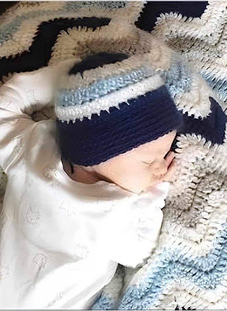 Ocean Waves Blue And White Colour Customised Crochet Made Warm Baby Blanket - Exclusive Gift For New Born Baby Boy With Matching Baby Caps - 40x40 inches blanket