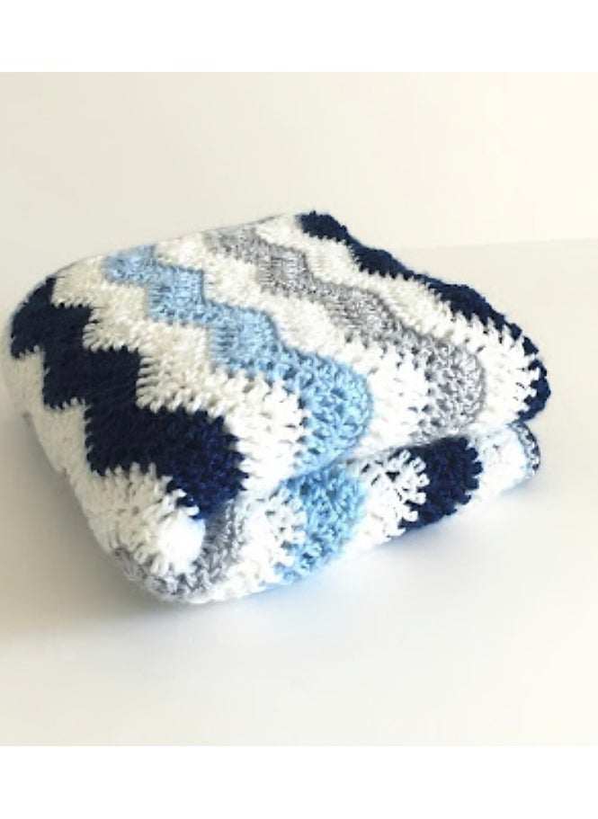 Ocean Waves Blue And White Colour Customised Crochet Made Warm Baby Blanket - Exclusive Gift For New Born Baby Boy With Matching Baby Caps - 40x40 inches blanket