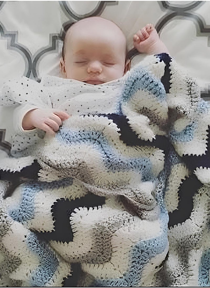 Ocean Waves Blue And White Colour Customised Crochet Made Warm Baby Blanket - Exclusive Gift For New Born Baby Boy With Matching Baby Caps - 40x40 inches blanket