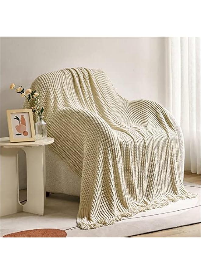 Knitted Throw Blanket for Couch,Soft Farmhouse Boho Fall Throw Blanket with Tassels,Home Decorative Lightweight, Beige Throws for Bed/Chair/Sofa, 50 W x 60 L