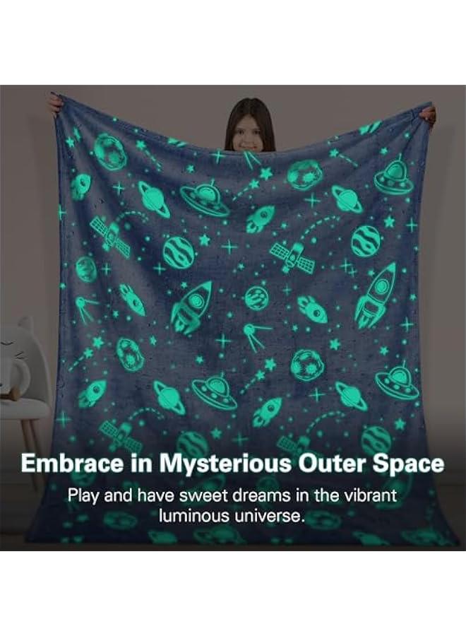 Glow in The Dark Blanket, Soft Kids Blanket for Girls Boys, Luminous Outer Space Blanket Spaceship Rockets Throw Blankets for Kids, Gifts for Girls Boys Teens, 50 x 60, Blue