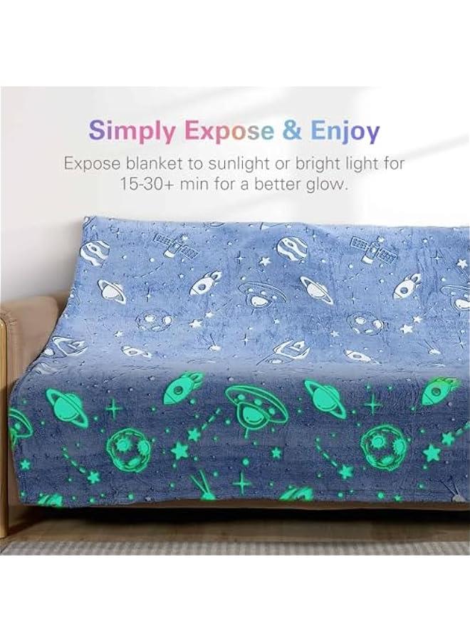 Glow in The Dark Blanket, Soft Kids Blanket for Girls Boys, Luminous Outer Space Blanket Spaceship Rockets Throw Blankets for Kids, Gifts for Girls Boys Teens, 50 x 60, Blue