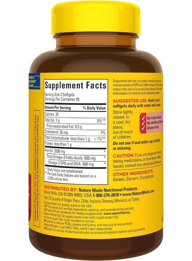 Nature Made Fish Oil 1000 mg, 90 Softgels, Omega 3 Supplement For Heart Health