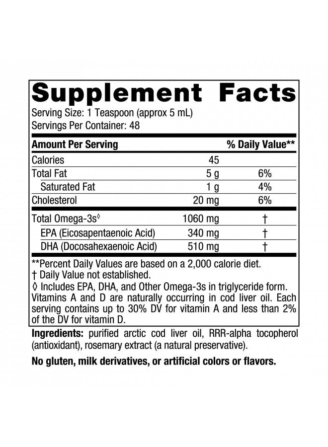 Nordic Naturals Arctic Cod Liver Oil, Unflavored - 8 oz - 1060 mg Total Omega-3s with EPA & DHA - Heart & Brain Health, Healthy Immunity, Overall Wellness - Non-GMO - 48 Servings