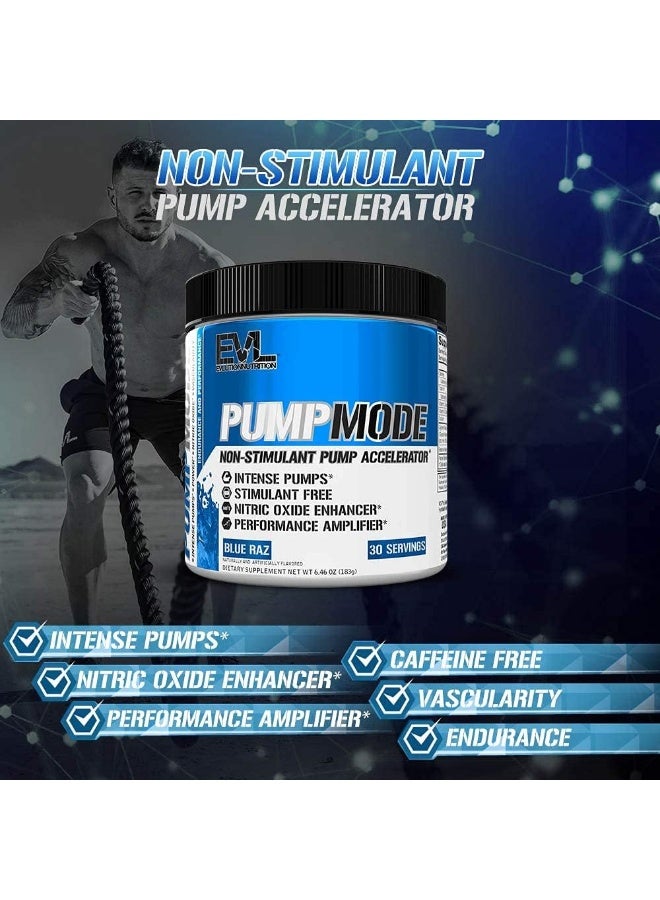 EVL PumpMode Nitric Oxide Supplement - Nitric Oxide Booster Pump Pre Workout Powder with Glycerol and Betaine for Muscle Recovery Growth and Endurance - Stim Free Pre Workout Drink (Blue Raz)