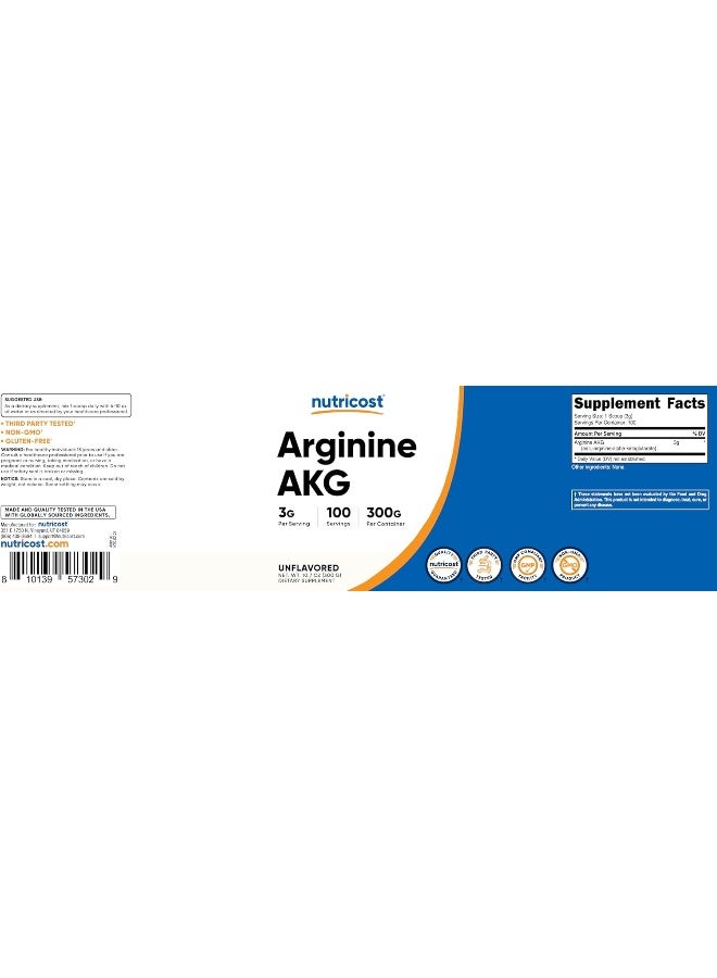 Nutricost Arginine AKG Powder 300 Grams (AAKG) - 3G Per Serving & 100 Servings - Pure Arginine Alpha Ketoglutarate