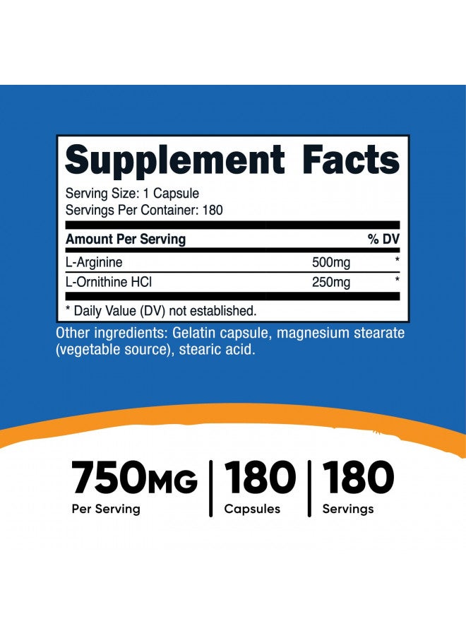 Nutricost L-Arginine L-Ornithine 750mg; 180 Capsules