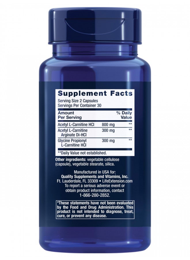 Life Extension Optimized Carnitine L-Carnitine Supplement - Supports Heart, Brain Health& Exercise Recovery Gluten-Free Non-GMO 60 Capsules
