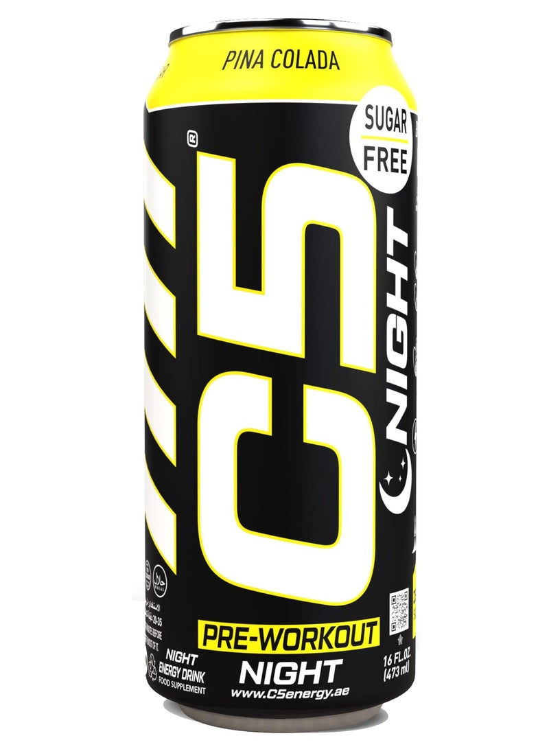 C5 Energy Drink Night Pina Colada, Pre Workout, Zero Caffeine, Sugar Free, Zero Calories with Beta Alanine, L-Arginine 16fl.OZ, 473ml Caffeine Free Preworkout Pack of 12