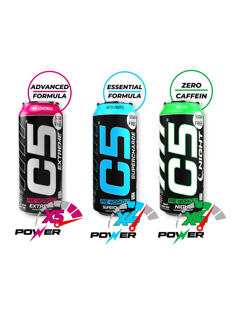 C5 Energy Drink Night Pina Colada, Pre Workout, Zero Caffeine, Sugar Free, Zero Calories with Beta Alanine, L-Arginine 16fl.OZ, 473ml Caffeine Free Preworkout Pack of 12