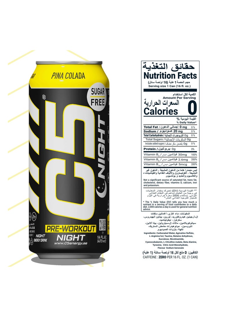 C5 Energy Drink Night Pina Colada, Pre Workout, Zero Caffeine, Sugar Free, Zero Calories with Beta Alanine, L-Arginine 16fl.OZ, 473ml Caffeine Free Preworkout Pack of 12