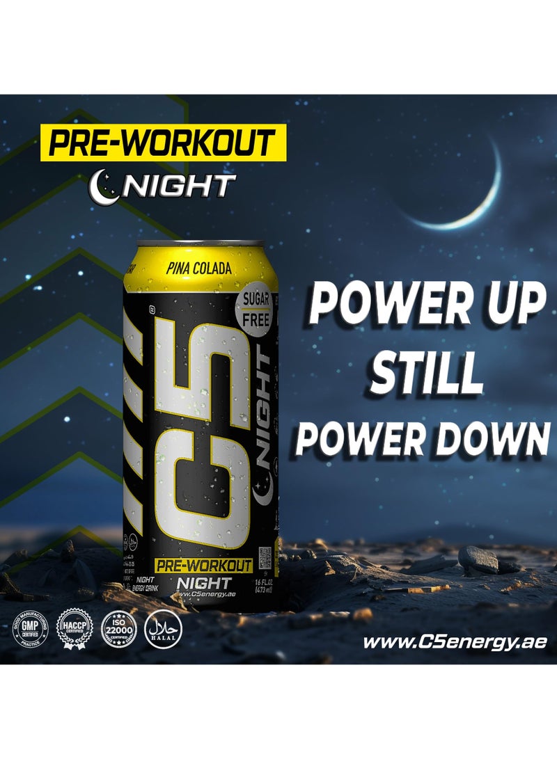 C5 Energy Drink Night Pina Colada, Pre Workout, Zero Caffeine, Sugar Free, Zero Calories with Beta Alanine, L-Arginine 16fl.OZ, 473ml Caffeine Free Preworkout Pack of 12