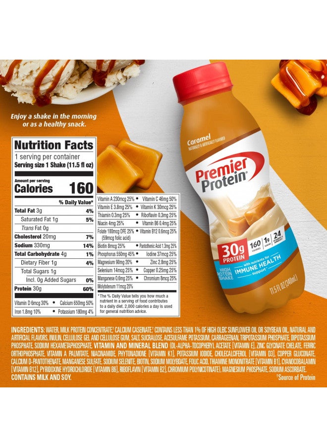 Premier Protein Shake, Caramel, 30g Protein, 1g Sugar, 24 Vitamins & Minerals, Nutrients to Support Immune Health 11.5 fl oz (12 Pack)