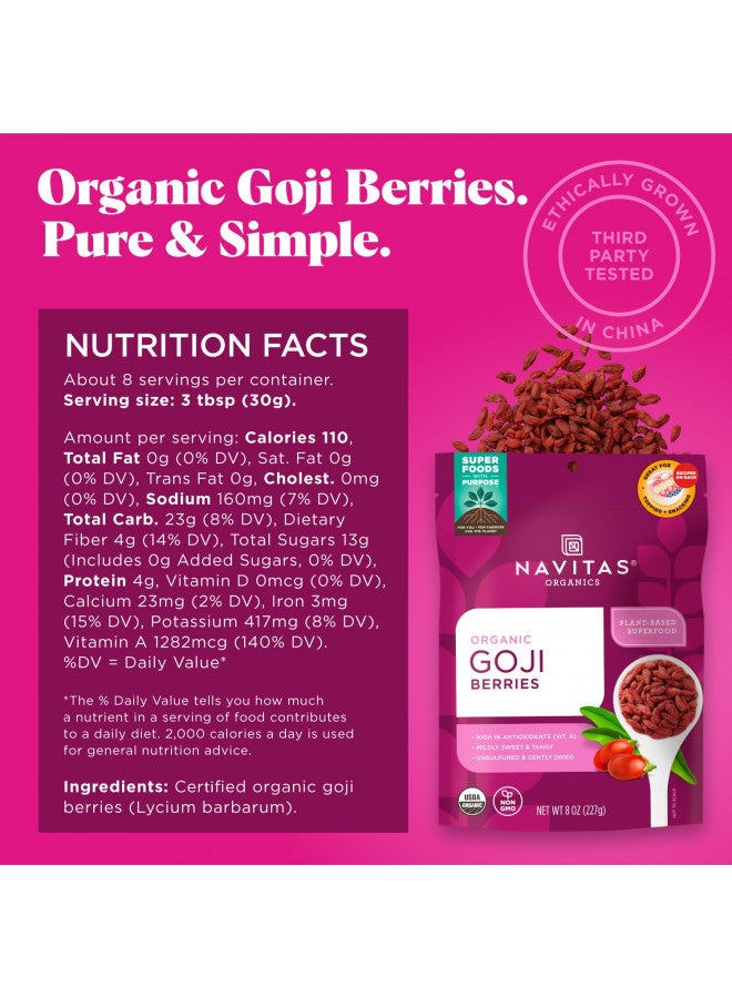 Navitas Organics Goji Berries, 8 oz. Bag, 8 Servings Organic, Non-GMO, Sun-Dried, Sulfite-Free