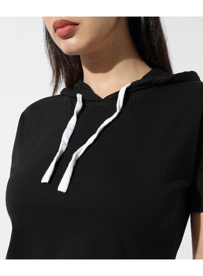 Women's Solid Black Hooded Top