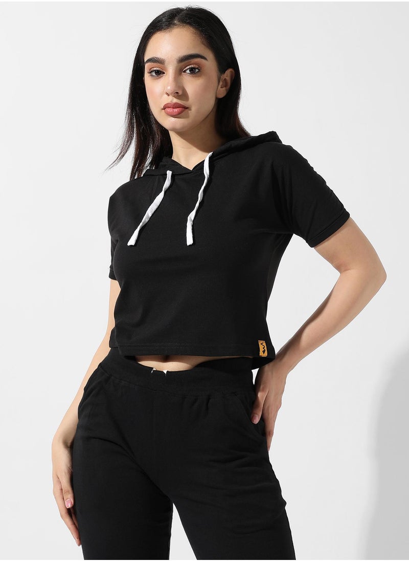 Women's Solid Black Hooded Top