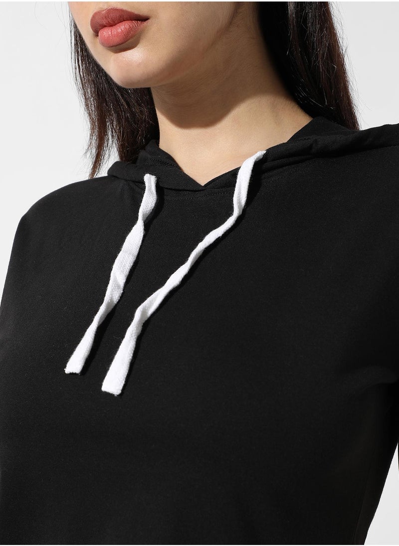 Women's Solid Black Hooded Top