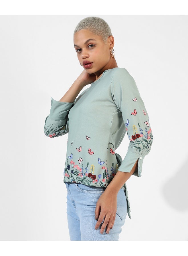 Women's Sage Green Printed Regular Fit Top