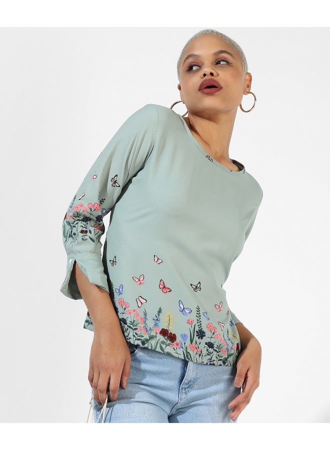 Women's Sage Green Printed Regular Fit Top