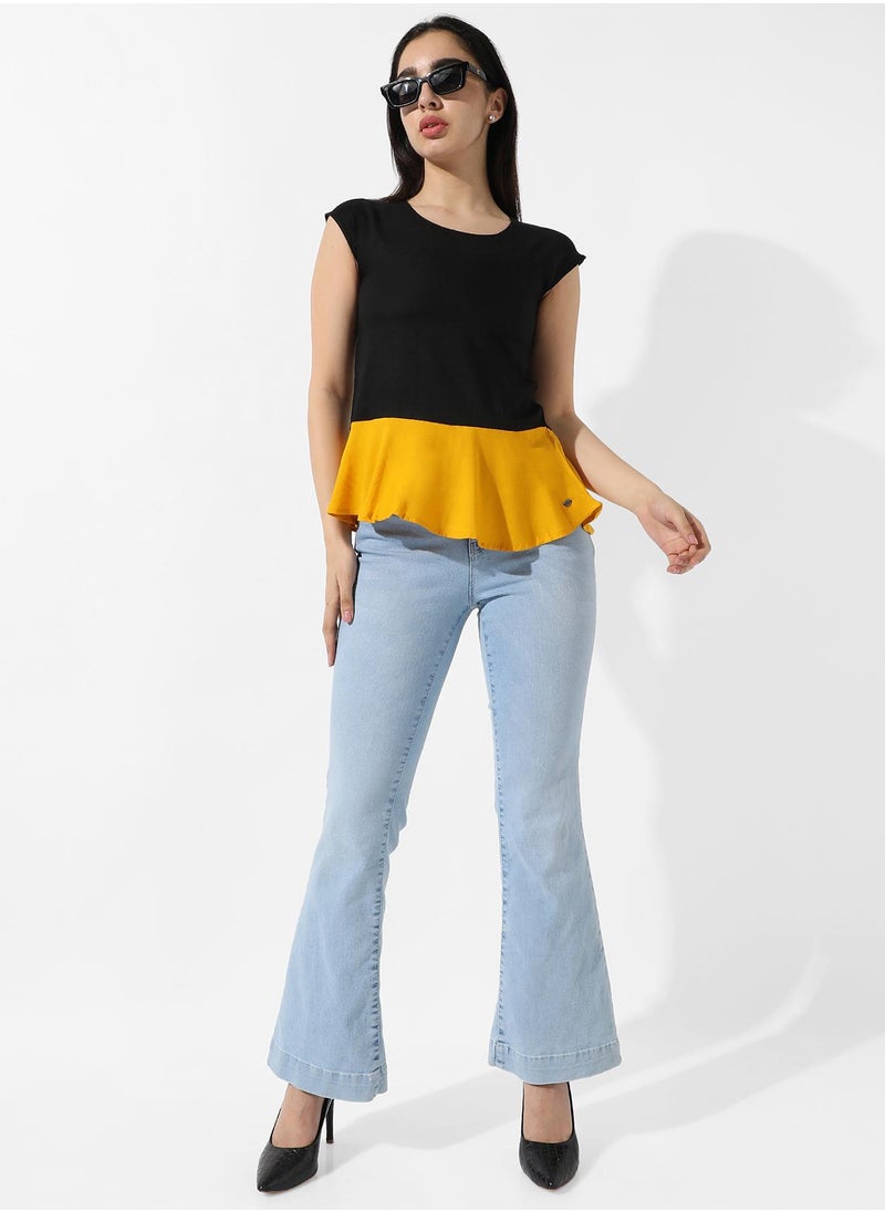 Women's Colourblocked Crew Neck Peplum Top