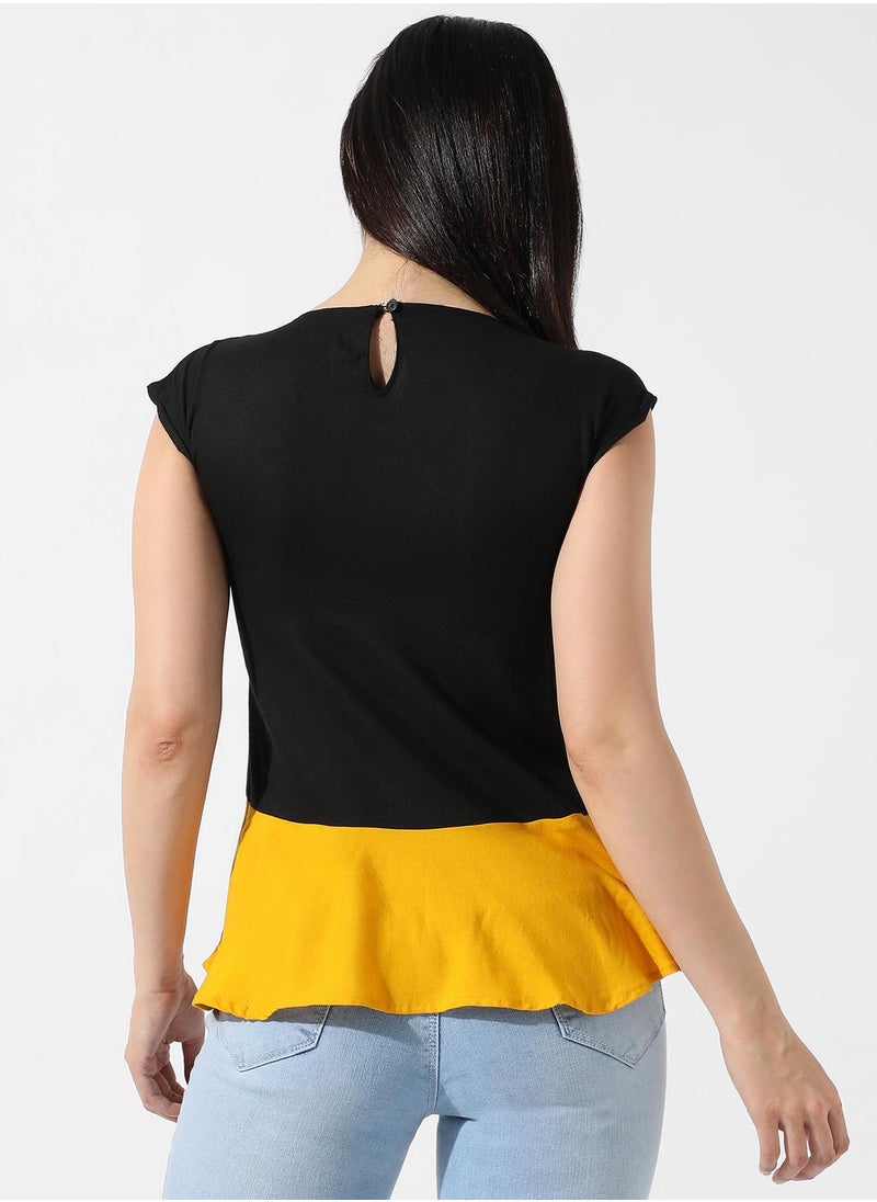 Women's Colourblocked Crew Neck Peplum Top