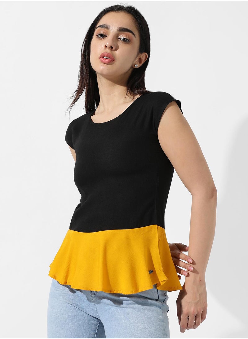 Women's Colourblocked Crew Neck Peplum Top