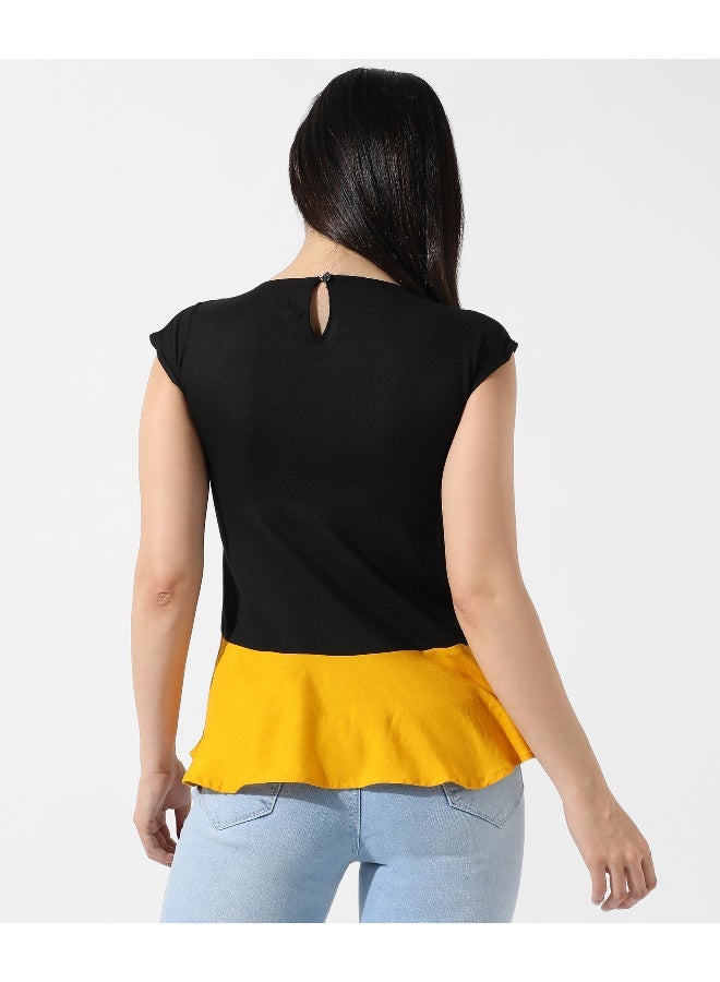 Women's Colourblocked Crew Neck Peplum Top