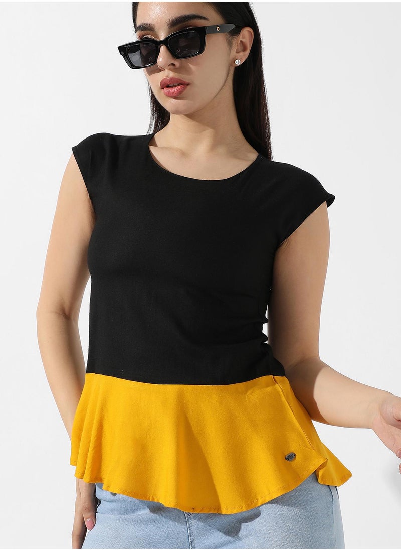 Women's Colourblocked Crew Neck Peplum Top