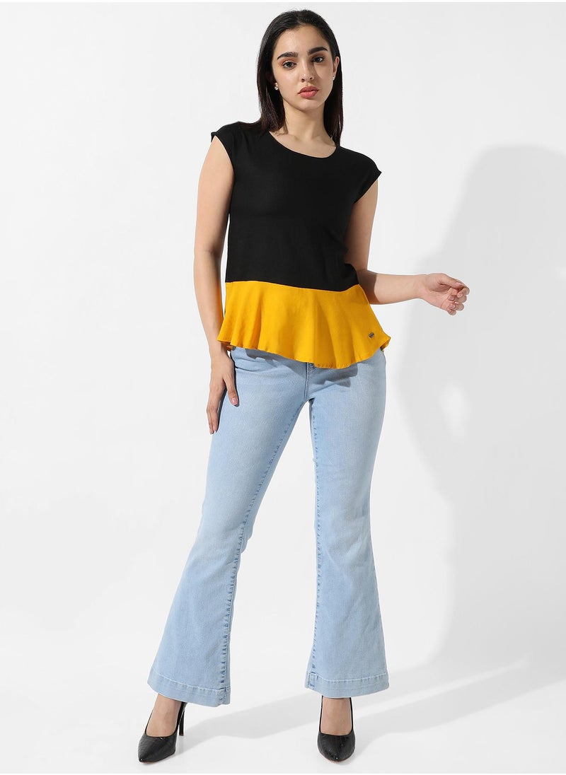 Women's Colourblocked Crew Neck Peplum Top