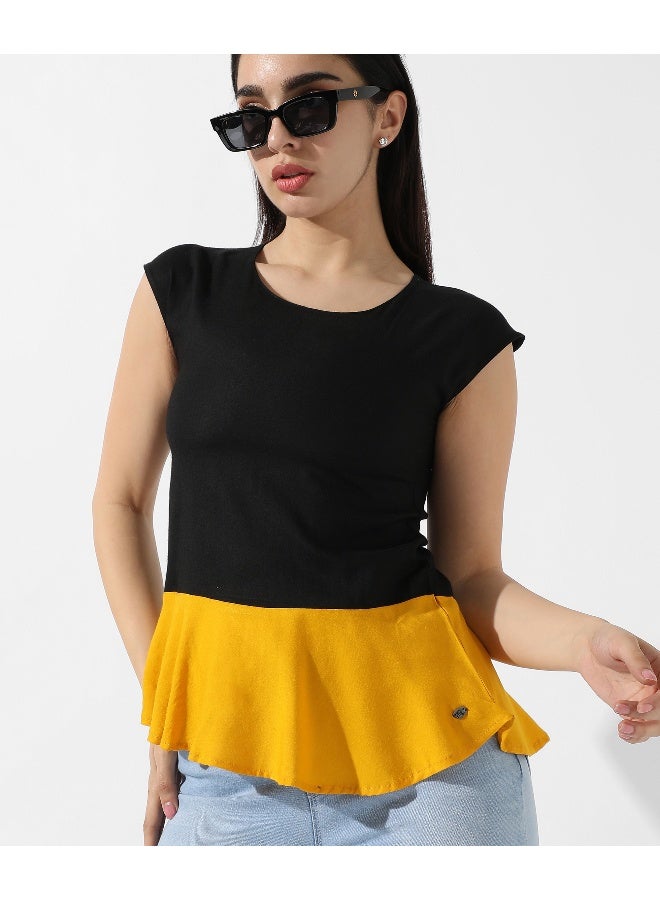 Women's Colourblocked Crew Neck Peplum Top