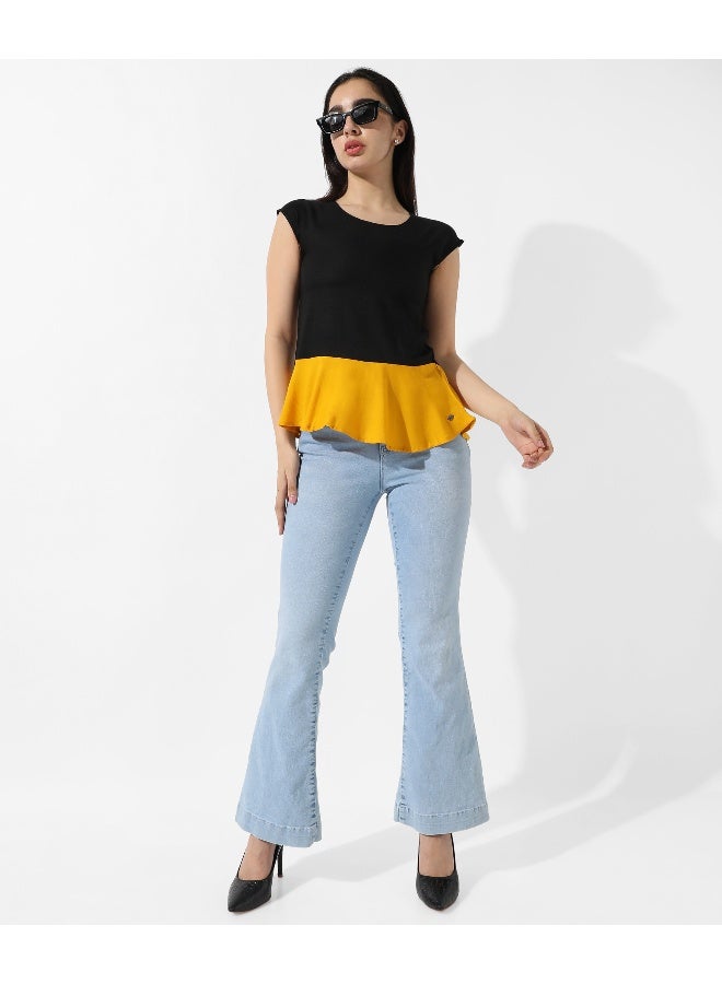 Women's Colourblocked Crew Neck Peplum Top