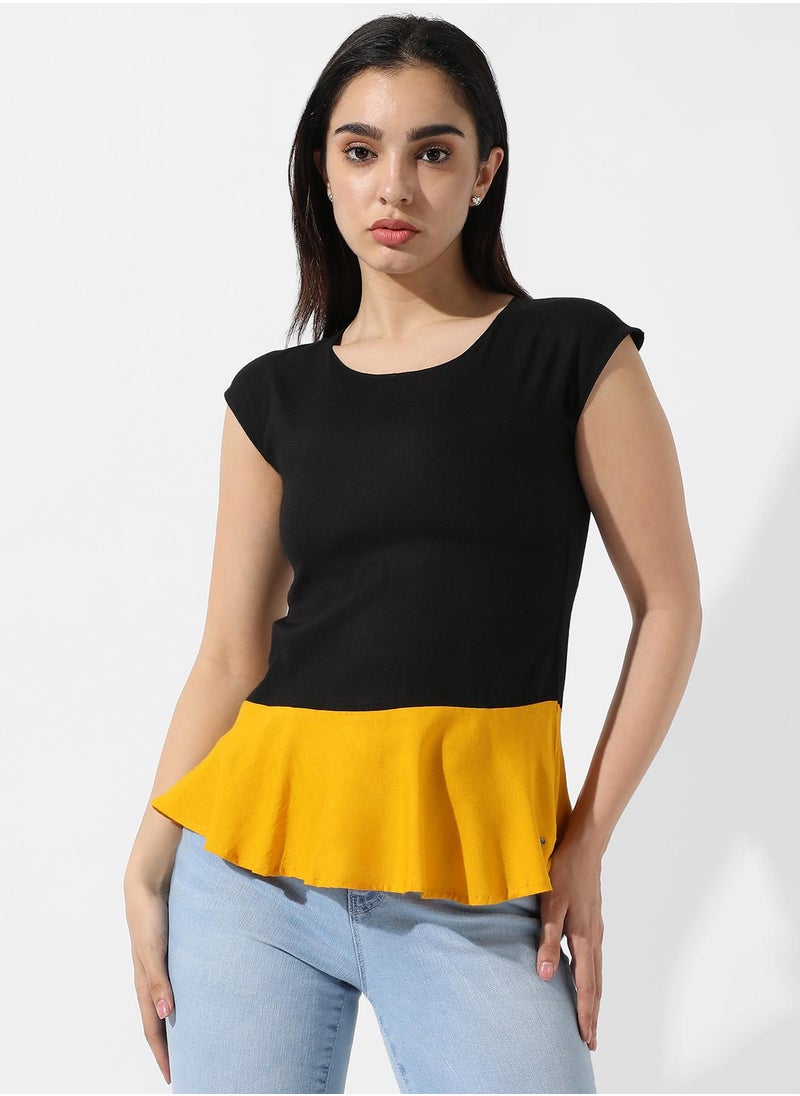 Women's Colourblocked Crew Neck Peplum Top