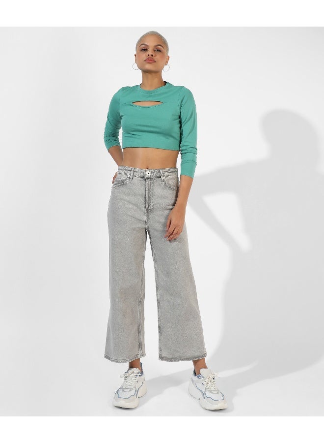 Women's Solid Aqua Blue Regular Fit Top