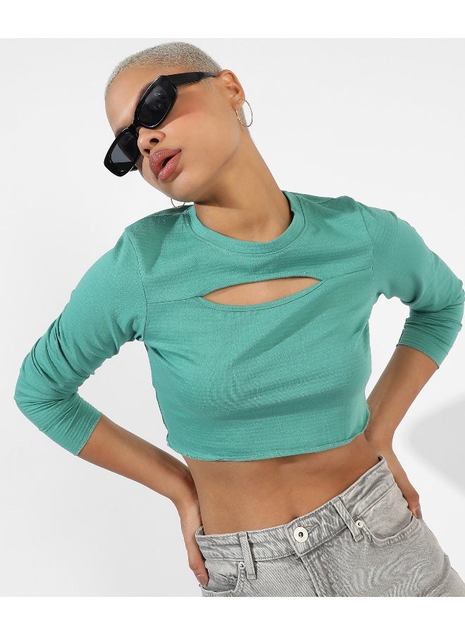 Women's Solid Aqua Blue Regular Fit Top