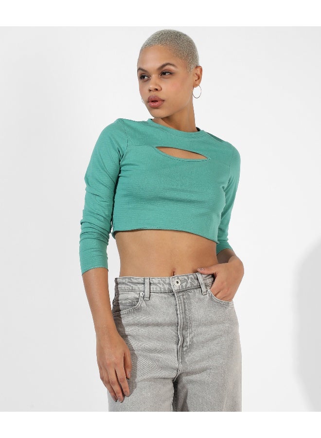 Women's Solid Aqua Blue Regular Fit Top