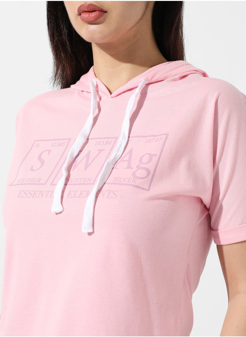 Women's Pink Typographic Print Hooded Top