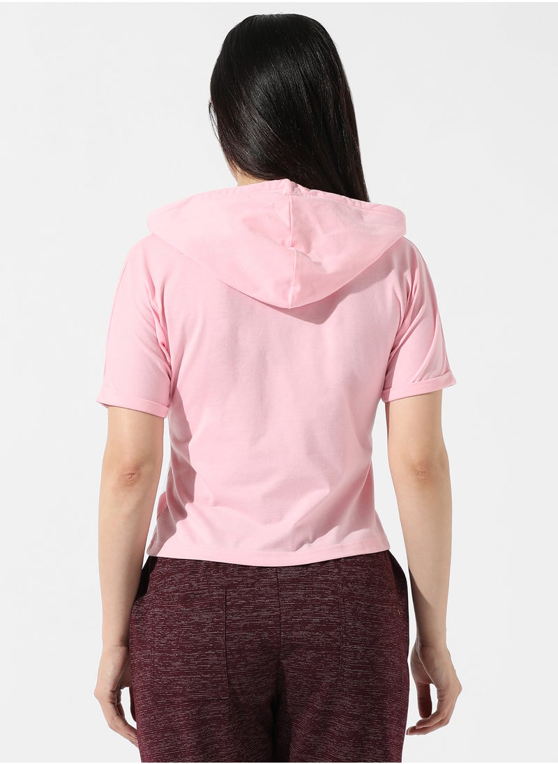 Women's Pink Typographic Print Hooded Top