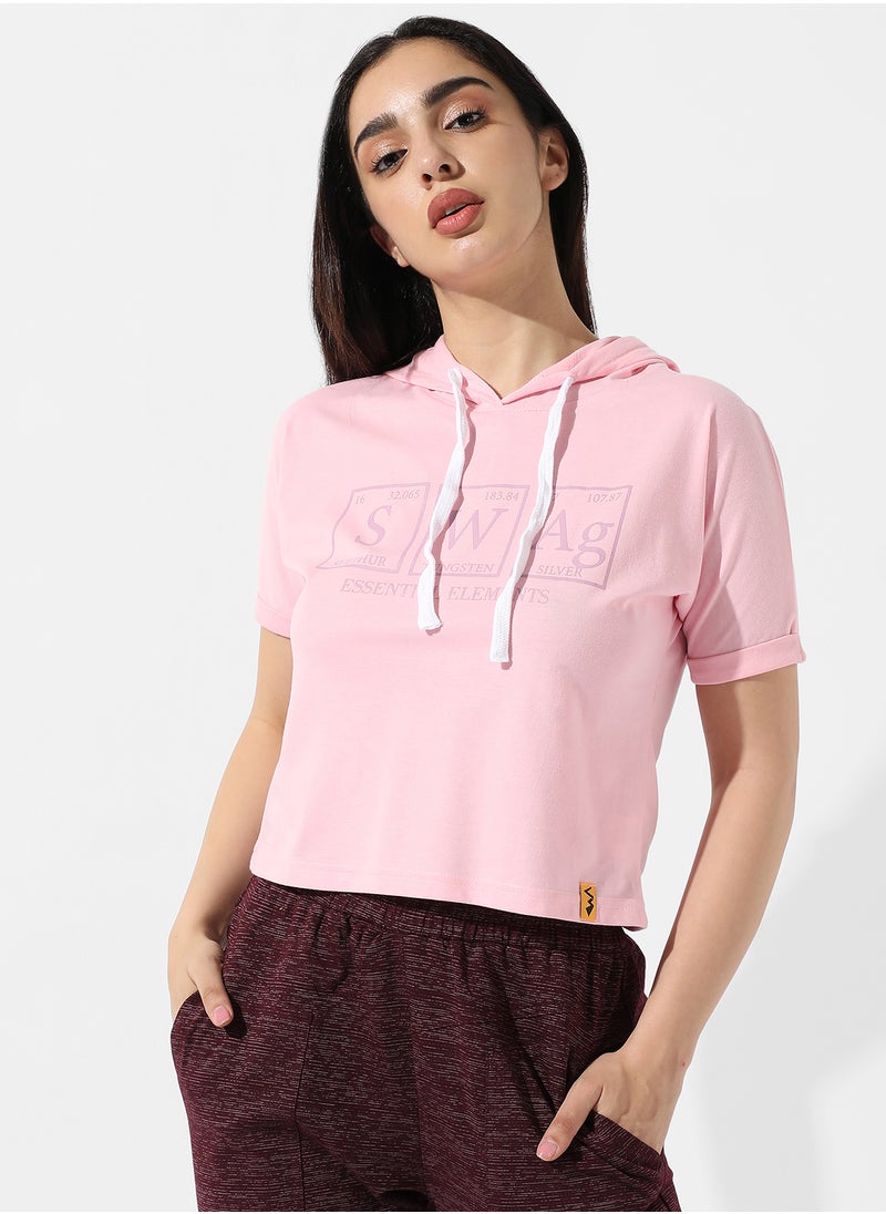 Women's Pink Typographic Print Hooded Top