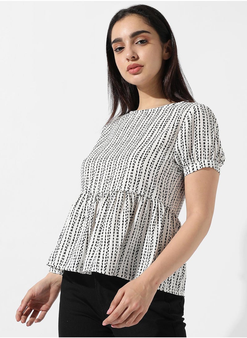 Women's White Printed Peplum Top