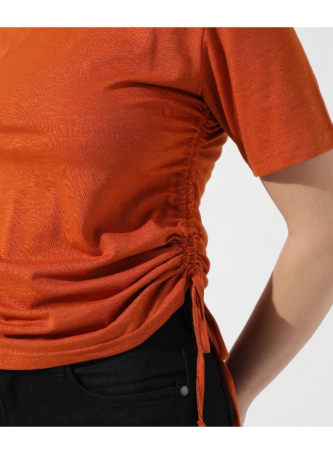 Women's Solid Rust Orange Ruched Top