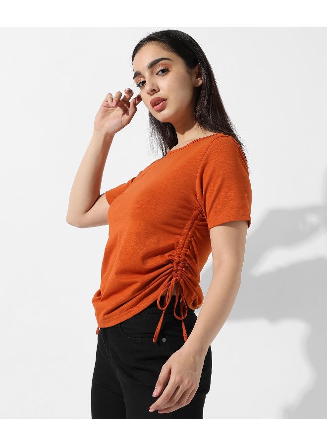 Women's Solid Rust Orange Ruched Top