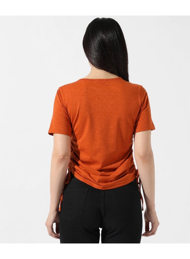 Women's Solid Rust Orange Ruched Top