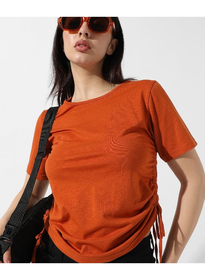 Women's Solid Rust Orange Ruched Top