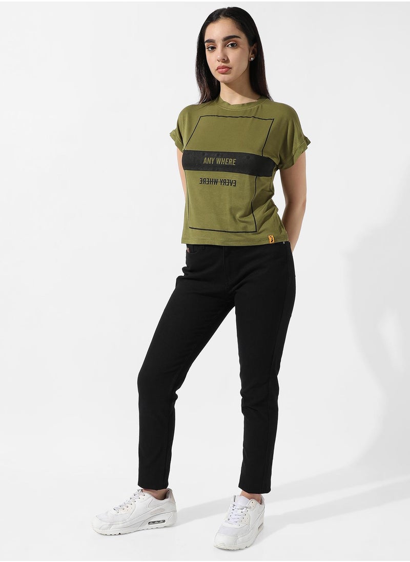 Women's Olive Green Typographic Print Top