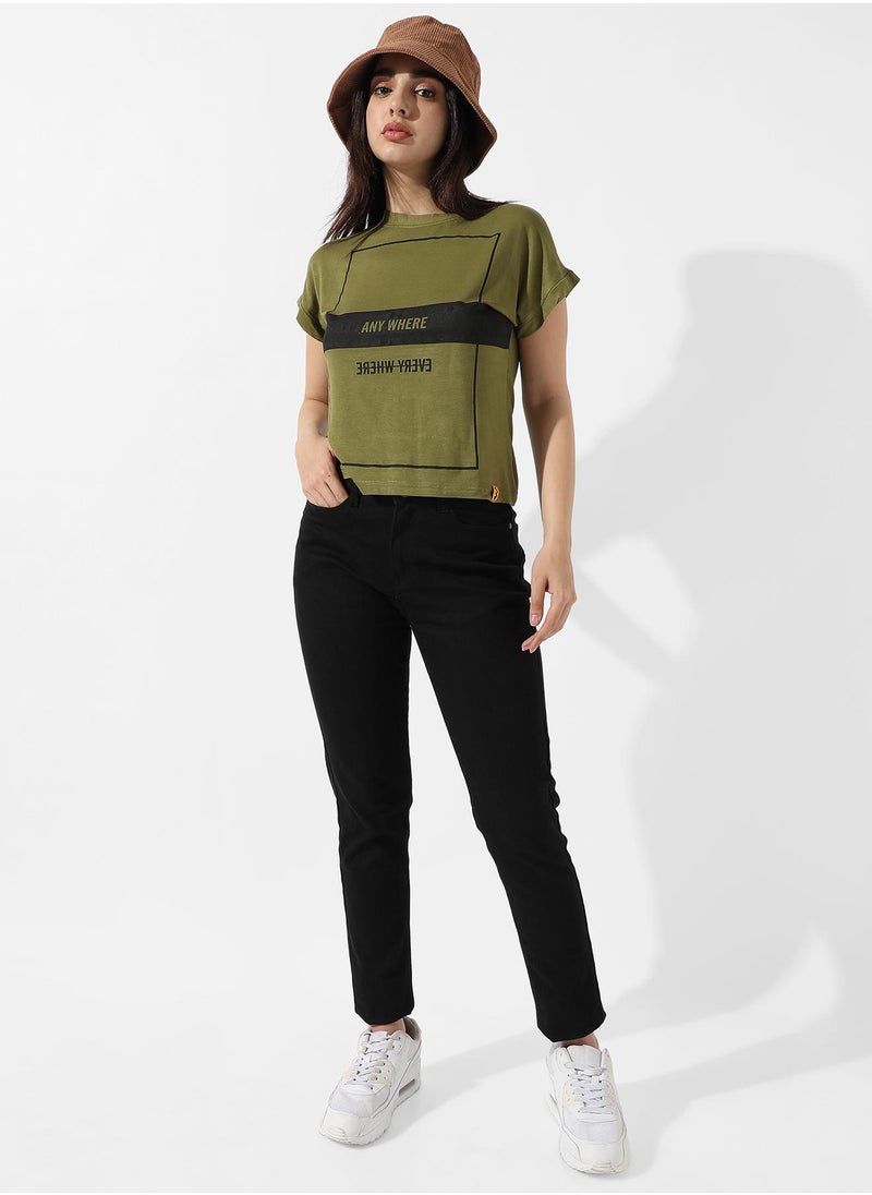 Women's Olive Green Typographic Print Top