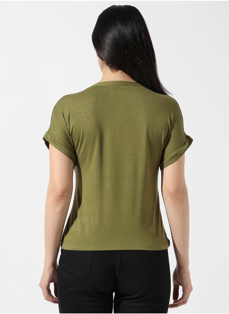 Women's Olive Green Typographic Print Top