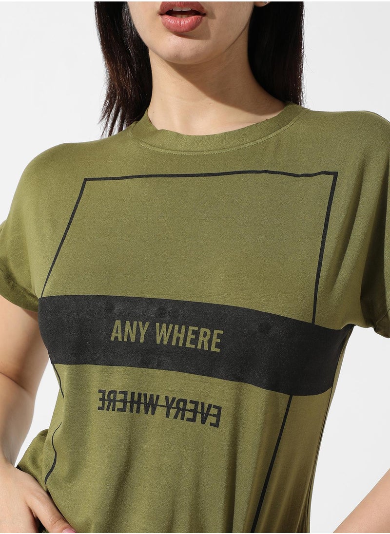 Women's Olive Green Typographic Print Top